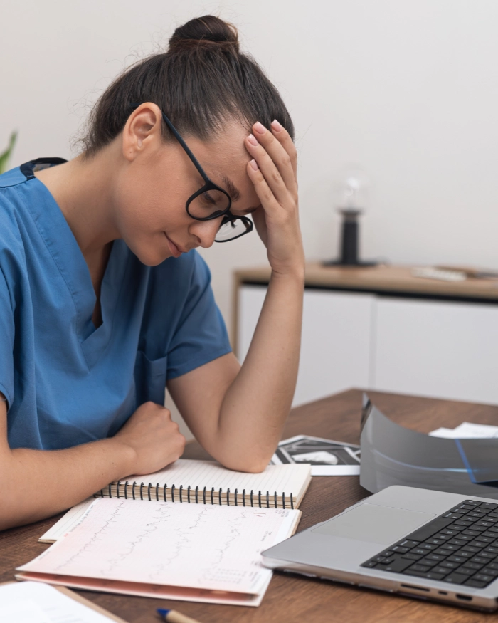 A student nurse, stressed in front of her laptop